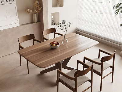Modern Wooden Dining Table Set With Four Chairs Fruit Bowl And Vase In Bright Interior 3d model