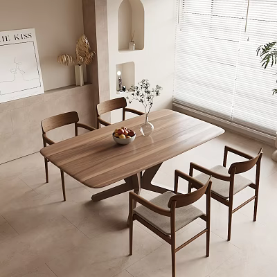 Modern Wooden Dining Table Set With Four Chairs Fruit Bowl And Vase In Bright Interior 3d model