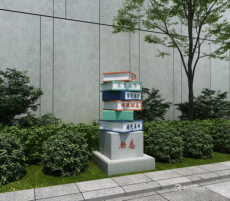 Contemporary Garden Landscape with Stacked Signpost Green Plants Grass and Tree 3d model 