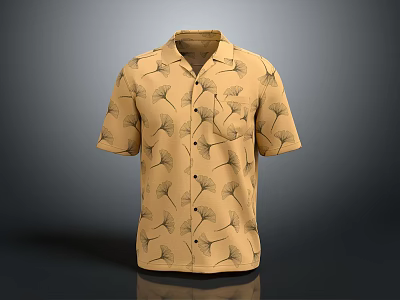 Stylish Beige Short Sleeve Collared Shirt With Ginkgo Leaf Pattern And Pocket 3d model