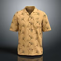 Stylish Beige Short Sleeve Collared Shirt With Ginkgo Leaf Pattern And Pocket