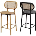 Modern Light Wood And Black Bar Stools With Woven Backrest And Wooden Seat