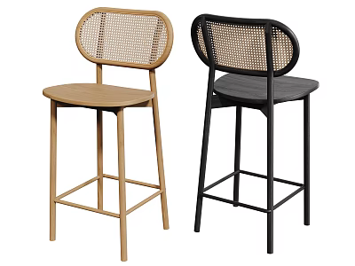 Modern Light Wood And Black Bar Stools With Woven Backrest And Wooden Seat 3d model
