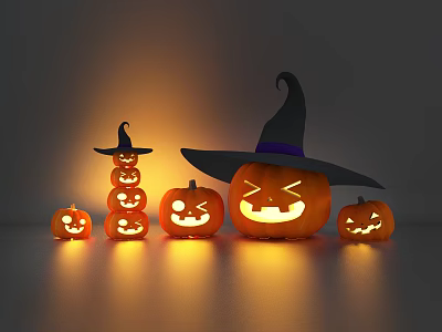 Halloween Photo Spot With Lit Pumpkin Lanterns And Witch Hat Decoration 3d model