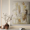 Abstract Wall Painting in Neutral Tones with Vase and Branches in Living Room