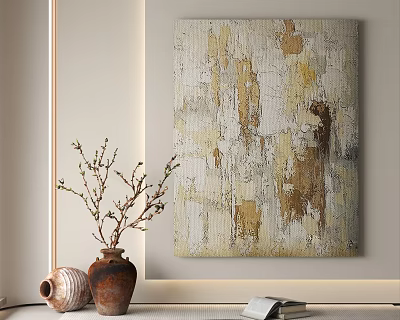 Abstract Wall Painting in Neutral Tones with Vase and Branches in Living Room 3d model