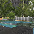 Modern Residential Landscape With Lush Trees Greenery Water Feature Flower Beds And Paved Area