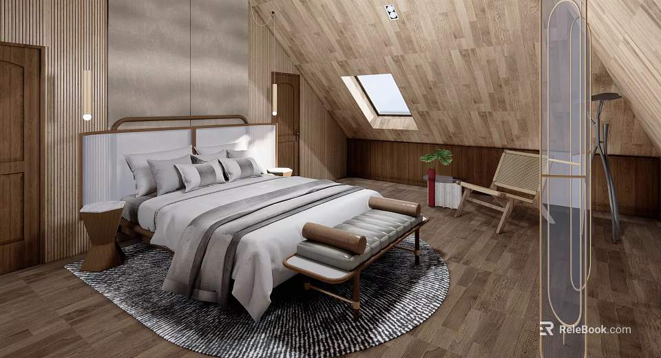 Hotel Guest Room with Wooden Ceiling Skylight Gray White Bedding Bench and Wooden Floor Rug 3d model 