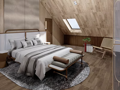 Hotel Guest Room with Wooden Ceiling Skylight Gray White Bedding Bench and Wooden Floor Rug 3d model