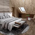 Hotel Guest Room with Wooden Ceiling Skylight Gray White Bedding Bench and Wooden Floor Rug