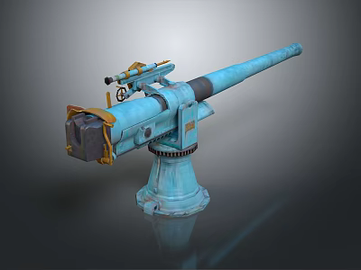 Blue Military Cannon With Long Barrel Mounted On Rotating Base And Sighting Device 3d model
