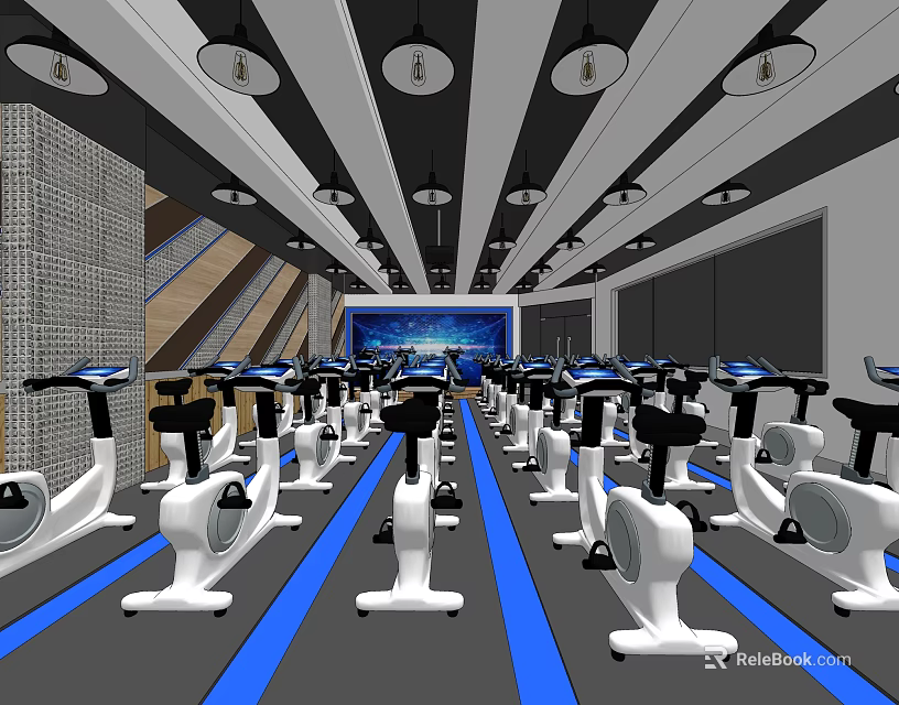 Modern Fitness Studio With Row of Spin Bikes and Blue Floor Lines 3d model 