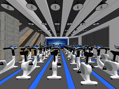 Modern Fitness Studio With Row of Spin Bikes and Blue Floor Lines 3d model