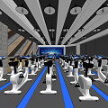 Modern Fitness Studio With Row of Spin Bikes and Blue Floor Lines