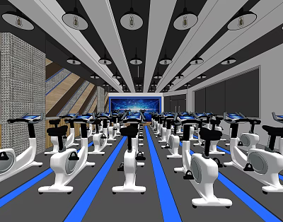 Modern Fitness Studio With Row of Spin Bikes and Blue Floor Lines 3d model