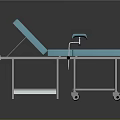 Medical Examination Bed With Blue Mattress Adjustable Backrest Armrests And Mobile Wheels