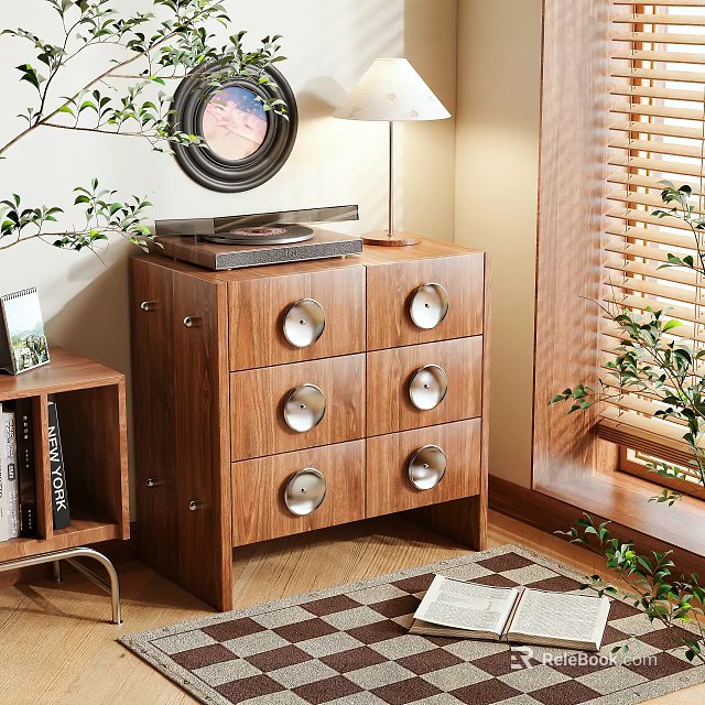 Walnut Wood Shoe Cabinet With Six Drawers Round Metal Handles Natural Light And Indoor Plants 3d model 