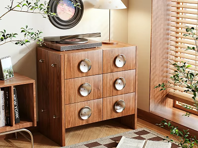 Walnut Wood Shoe Cabinet With Six Drawers Round Metal Handles Natural Light And Indoor Plants 3d model