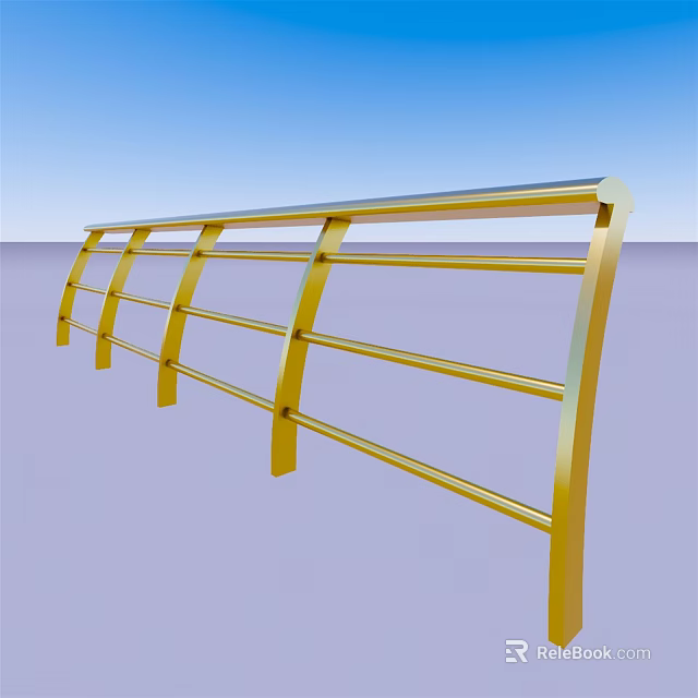 Golden Metal Railing With Modern Curved Structure And Horizontal Bars 3d model 