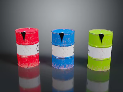 Colorful Oil Drums With Red Blue Green Hues White Stripes And Black Triangle Symbols 3d model