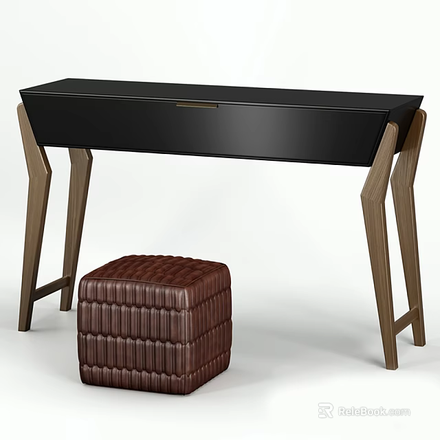 Black Console Table With Wooden Legs And Brown Textured Stool Design 3d model 