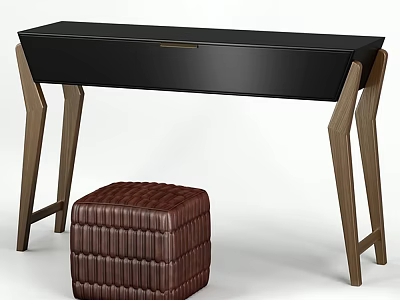 Black Console Table With Wooden Legs And Brown Textured Stool Design 3d model