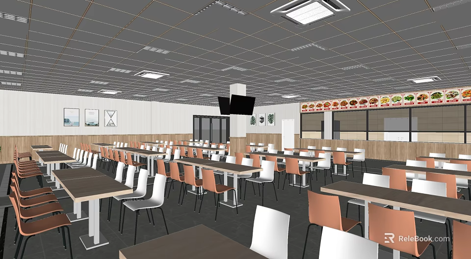 Modern Restaurant Interior Featuring Tables Chairs Ceiling Lights And Menu Boards 3d model