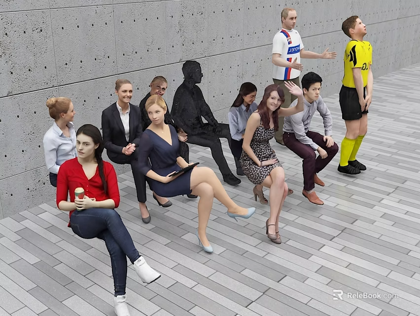 Group of people in various outfits sitting and standing on striped floor with gray wall 3d model 