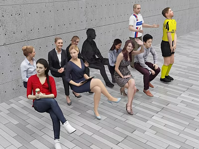 Group of people in various outfits sitting and standing on striped floor with gray wall 3d model