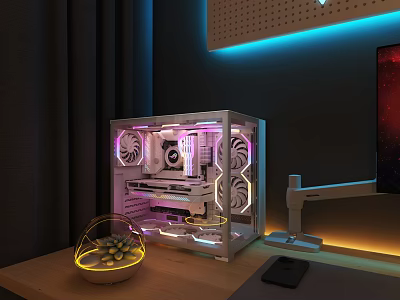 High Performance Gaming PC with Transparent Case RGB Lighting Internal Fans Neon Setup 3d model