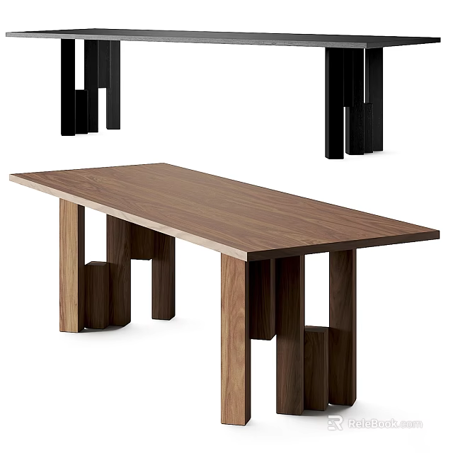 Modern Wooden Dining Table With Unique Geometric Legs And Walnut Top Surface 3d model 