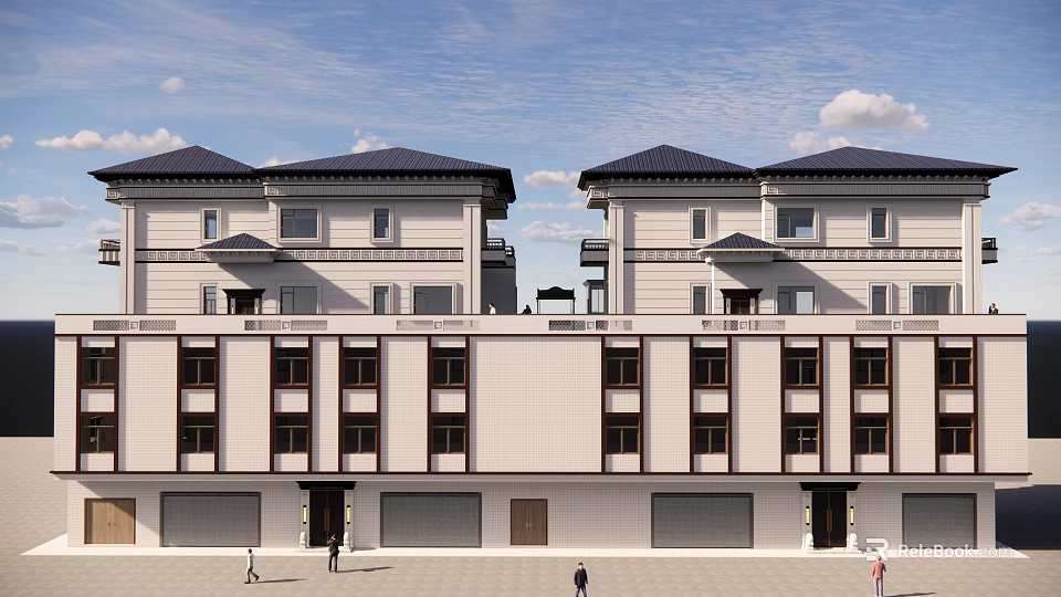 Two Story Detached Villa With Traditional Roof Light Exterior Garage Doors And Windows 3d model 