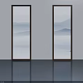Elegant Swing Door with Mountain Landscape Painting and Dark Frame on Light Colored Wall