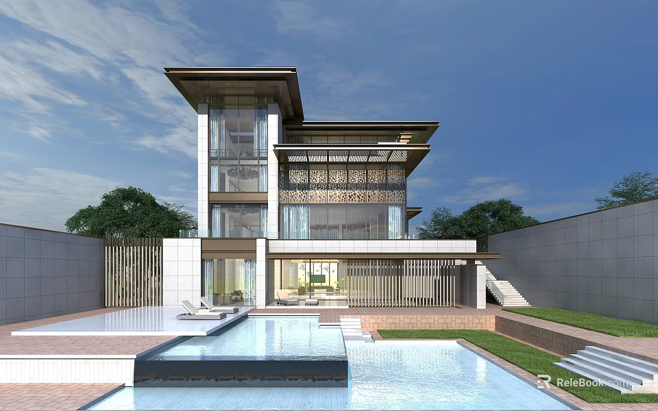 Modern Luxury Detached Villa with Swimming Pool and Large Glass Windows 3d model 
