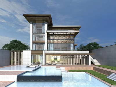 Modern Luxury Detached Villa with Swimming Pool and Large Glass Windows 3d model