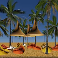 Yellow And Orange Bean Bags Under Palm Trees On Sand With Conical Canopies