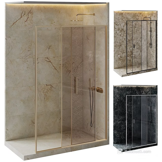 Sleek Shower Head In Glass Enclosure With Marble Wall And Gold Black Frames 3d model 