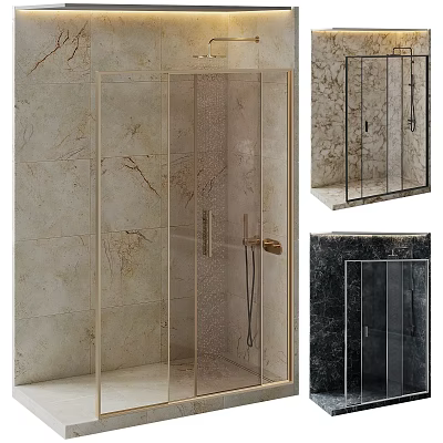 Sleek Shower Head In Glass Enclosure With Marble Wall And Gold Black Frames 3d model