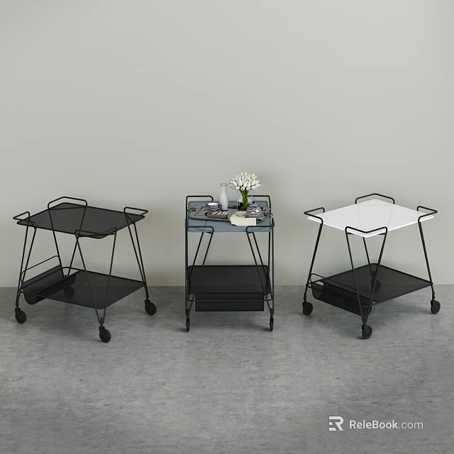 Three Modern Rolling Carts With Black White Tabletops And Metal Frames 3d model 