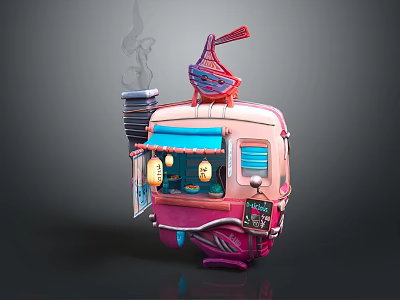 Pink Food Cart With Open Window Blue Awning And Decorative Top Lights 3d model