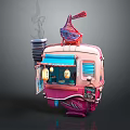 Pink Food Cart With Open Window Blue Awning And Decorative Top Lights