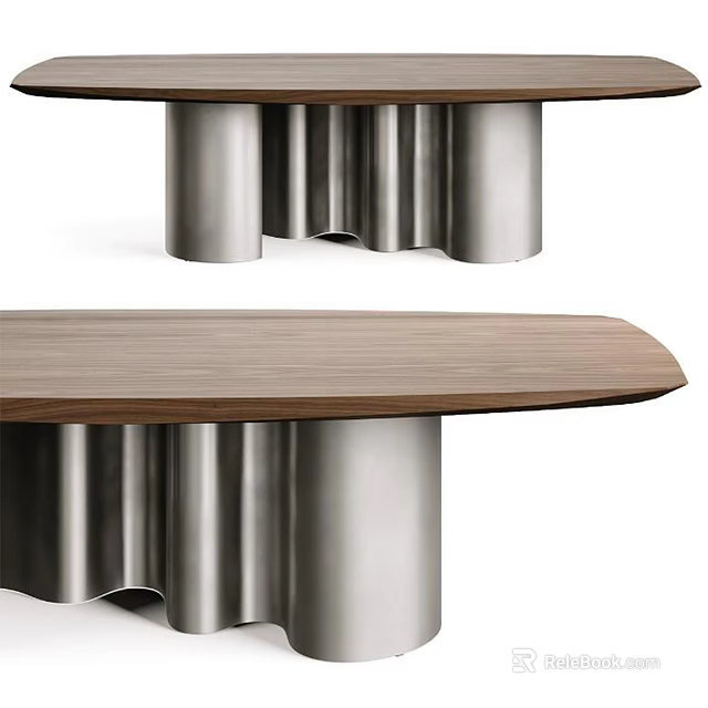 Modern Walnut Wooden Dining Table With Silver Pleated Stainless Steel Base Design 3d model 