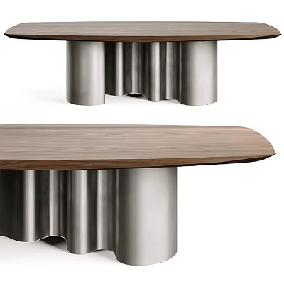 Modern Walnut Wooden Dining Table With Silver Pleated Stainless Steel Base Design 3d model