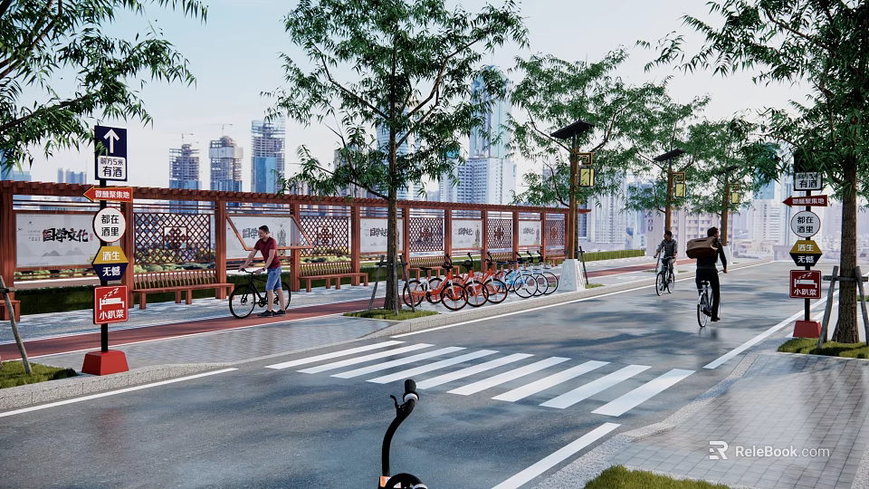 Municipal Road With Street Trees Parked Bicycles Cyclists And Urban Skyline 3d model 