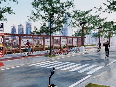 Municipal Road With Street Trees Parked Bicycles Cyclists And Urban Skyline 3d model