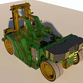 Green Industrial Forklift With Tall Mast Yellow Forks And Large Wheels