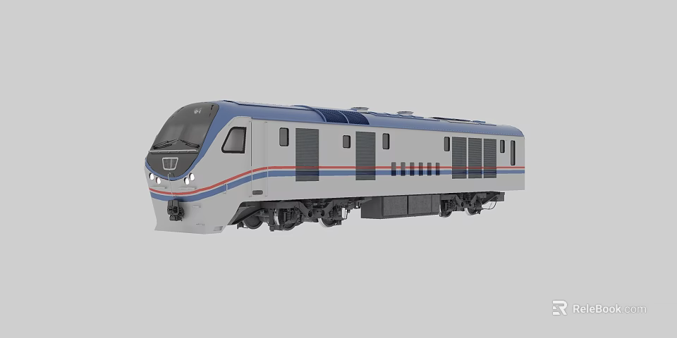 Modern Streamlined Train With White Body Blue Red Stripes And Black Windows 3d model 
