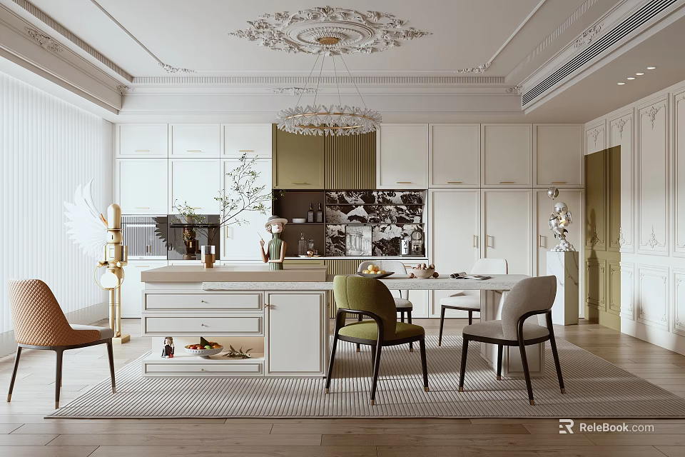Elegant Modern Restaurant Interior With Chandelier Dining Table White Cabinets And Decorative Sculptures 3d model 