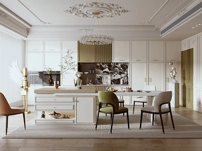 Elegant Modern Restaurant Interior With Chandelier Dining Table White Cabinets And Decorative Sculptures 3d model