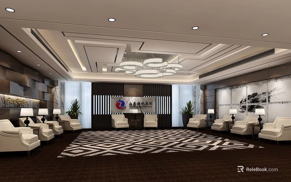 Elegant Hotel Public Lounge Interior With Luxurious Sofas Chandeliers Plants And Geometric Carpet 3d model 